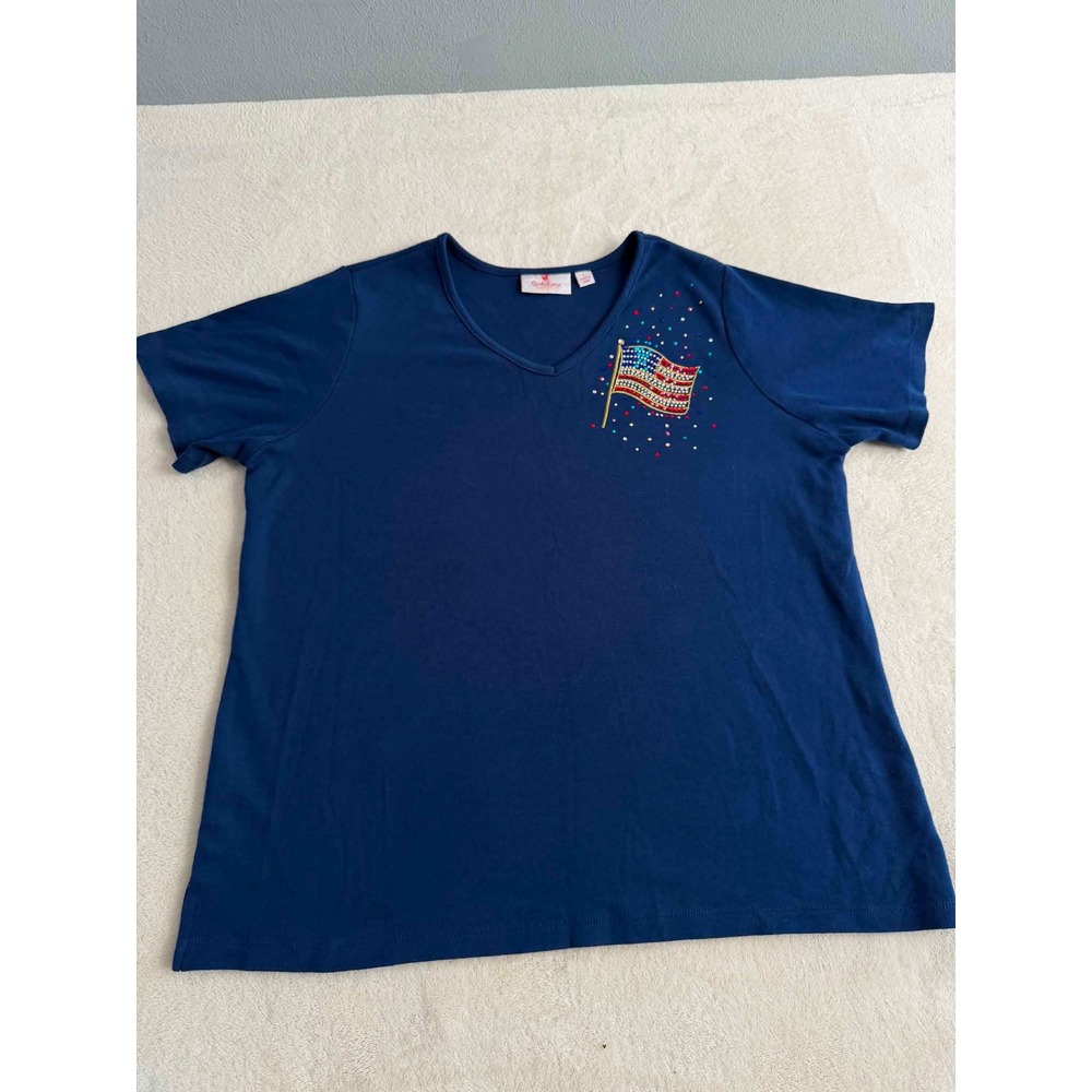 Quacker Factory Womens L Navy Blue Shirt American Flag Rhinestone V-Neck Top